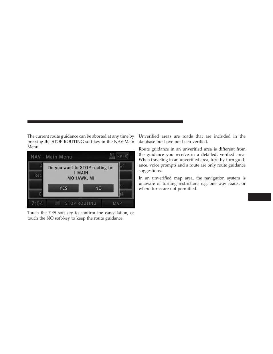 Canceling route guidance, Unverified navigation database area | Ram Trucks UCONNECT 730N for Jeep User Manual | Page 170 / 210