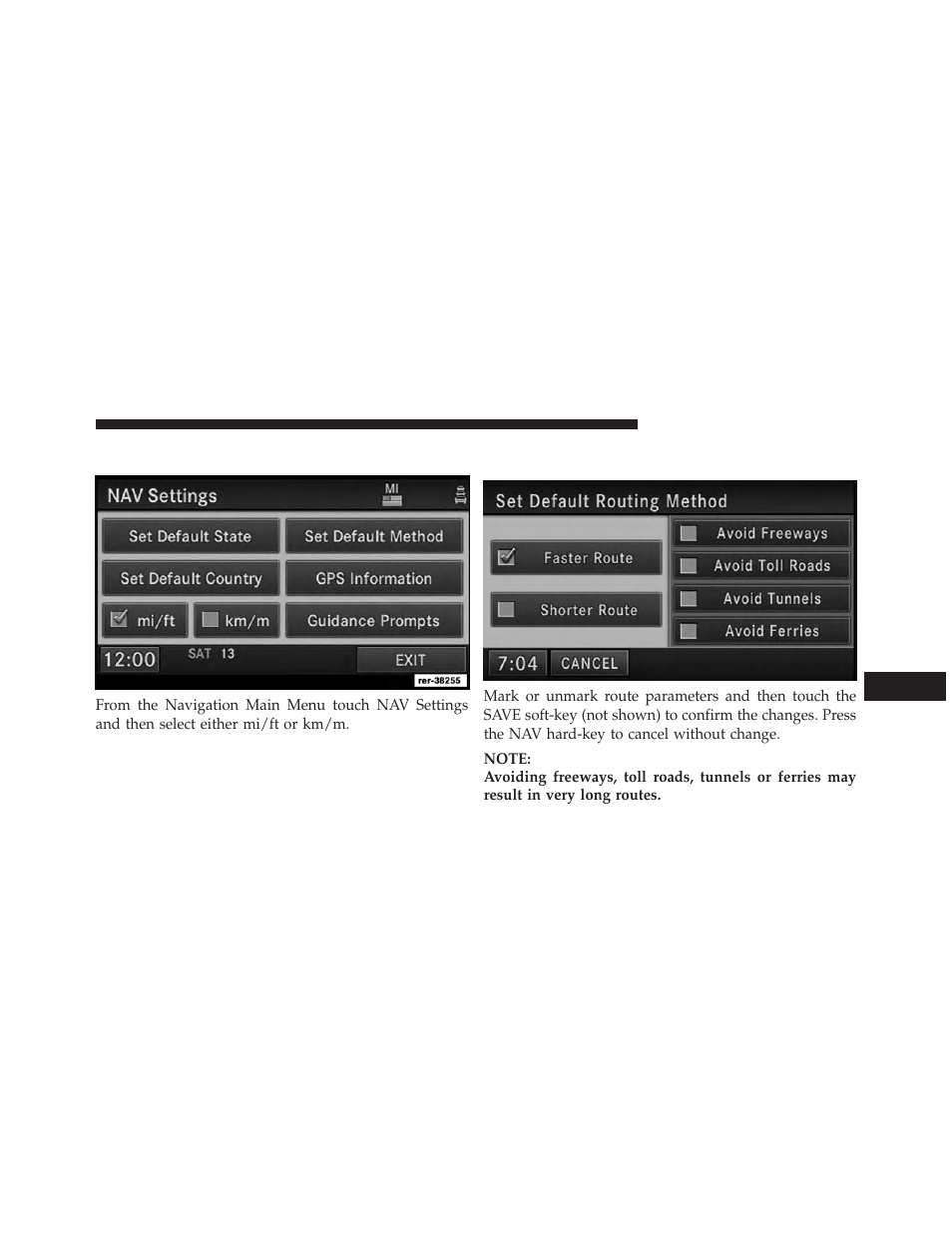 Set measurement metric/us, Set default routing method | Ram Trucks UCONNECT 730N for Jeep User Manual | Page 180 / 210