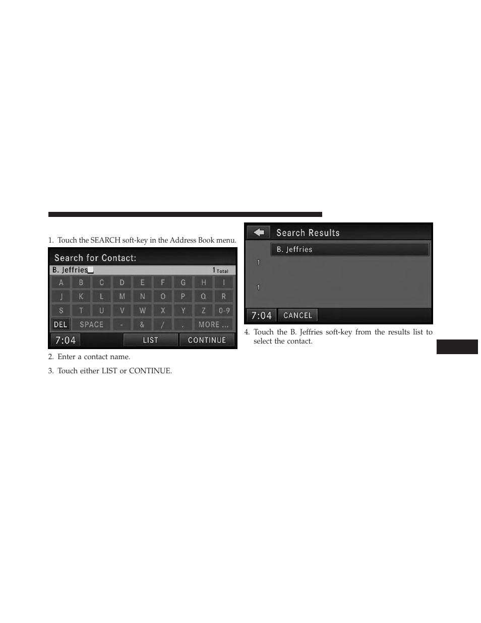 Search a contact in the address book | Ram Trucks UCONNECT 730N for Jeep User Manual | Page 202 / 210