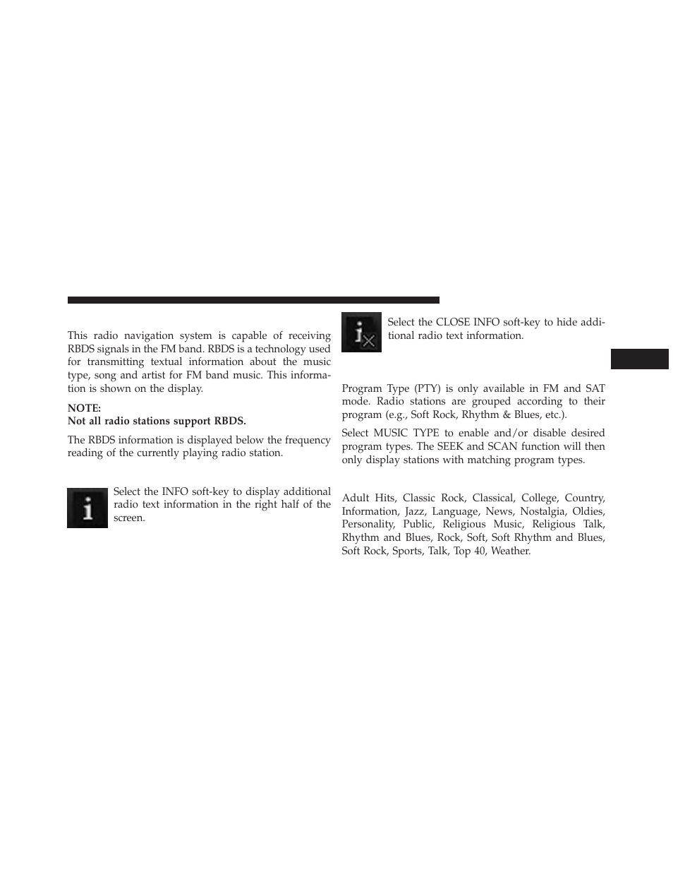 Rbds (radio broadcast data system), Radio text information, Music type (program type filter) | Rbds (fm) program types | Ram Trucks UCONNECT 730N for Jeep User Manual | Page 28 / 210