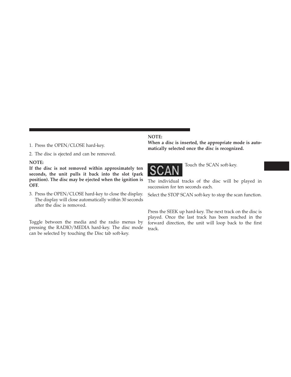 Removing a disc from the radio, Selecting disc mode, Scan search | Next track | Ram Trucks UCONNECT 730N for Jeep User Manual | Page 50 / 210