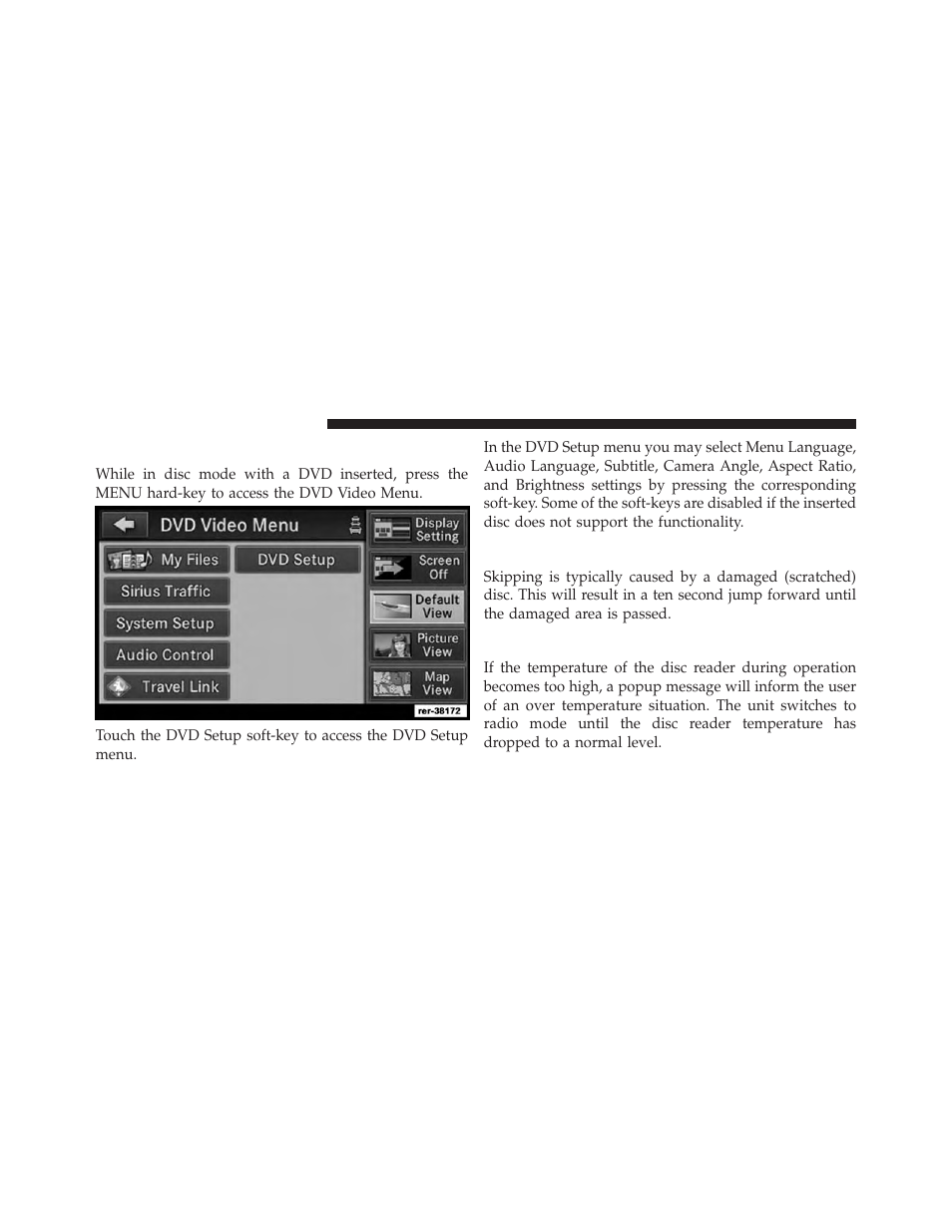 Dvd video menu, Disc skipping, Temperature protection | Ram Trucks UCONNECT 730N for Jeep User Manual | Page 59 / 210
