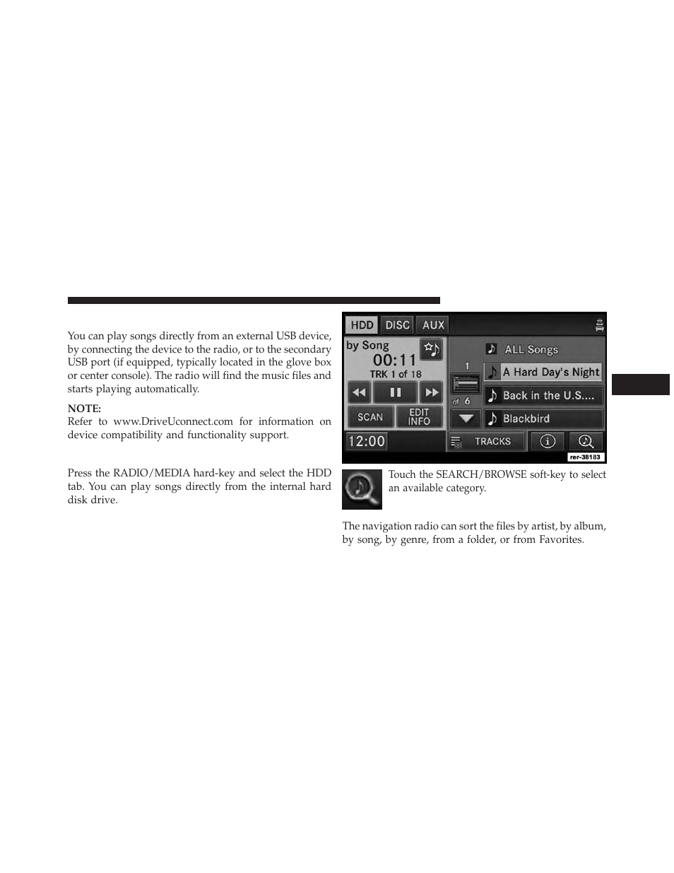 Playing audio files from an external usb device, Playing audio files from the hard disk drive, Playing audio files from an external usb | Device, Playing audio files from the hard disk, Drive | Ram Trucks UCONNECT 730N for Jeep User Manual | Page 68 / 210