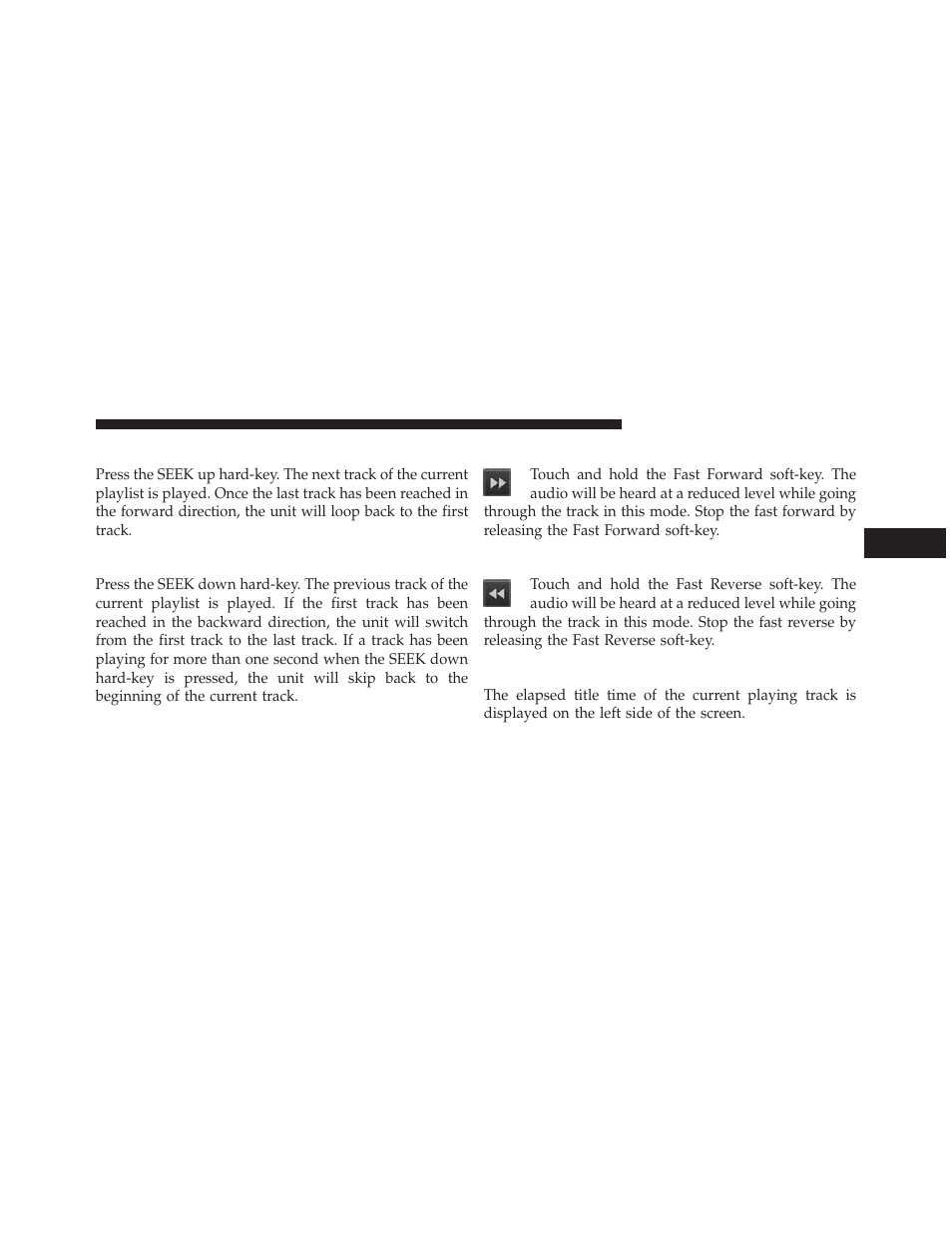 Next track, Previous track, Fast forward track | Rewind track, Displaying the elapsed title time | Ram Trucks UCONNECT 730N for Jeep User Manual | Page 70 / 210