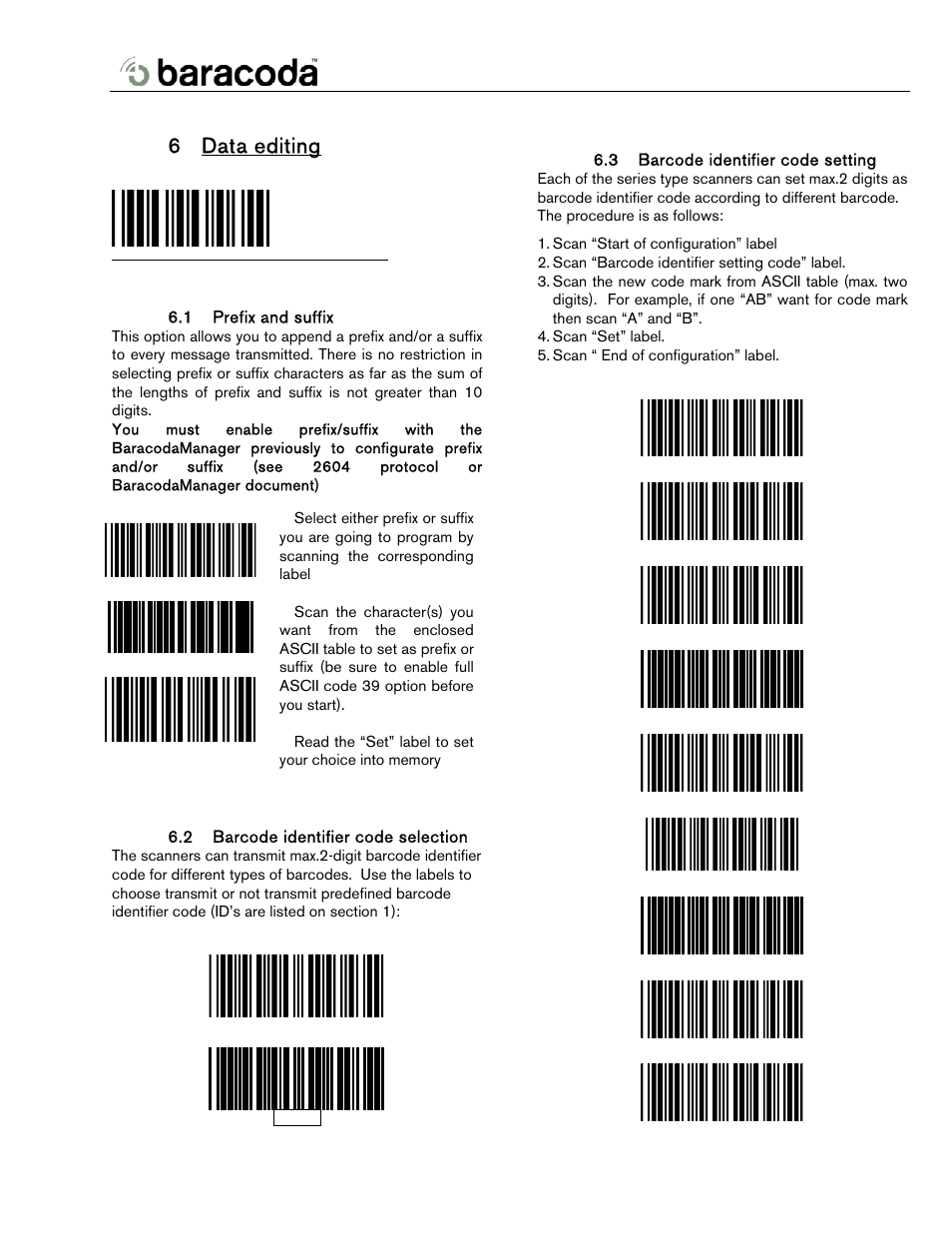 Data editing, Prefix and suffix, Barcode identifier code selection | Barcode identifier code setting, 6 data editing, 1 prefix and suffix, 2 barcode identifier code selection, 3 barcode identifier code setting | Baracoda BL2604 User Manual | Page 18 / 23