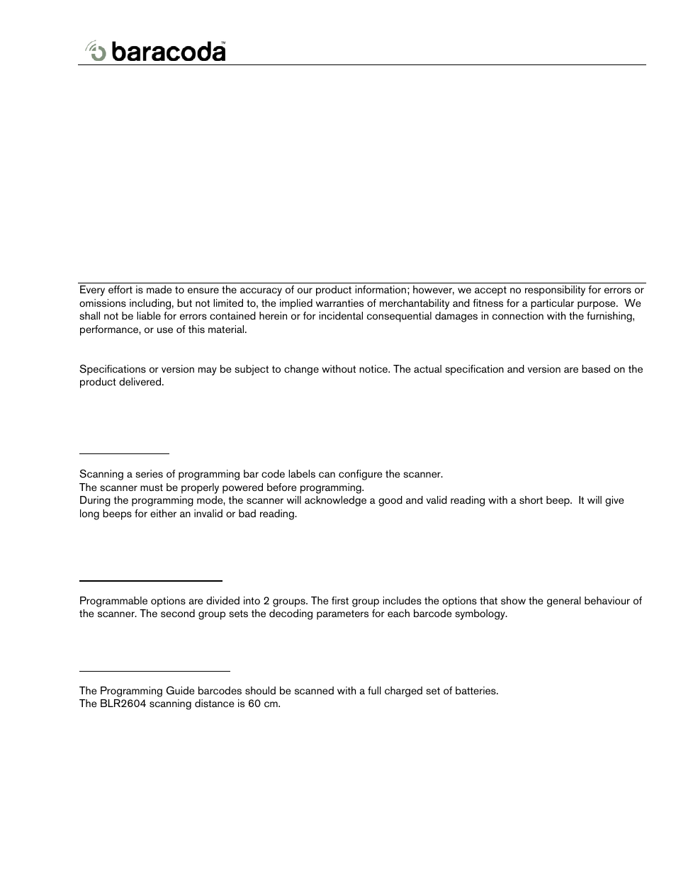 2604 programming guide | Baracoda BL2604 User Manual | Page 2 / 23