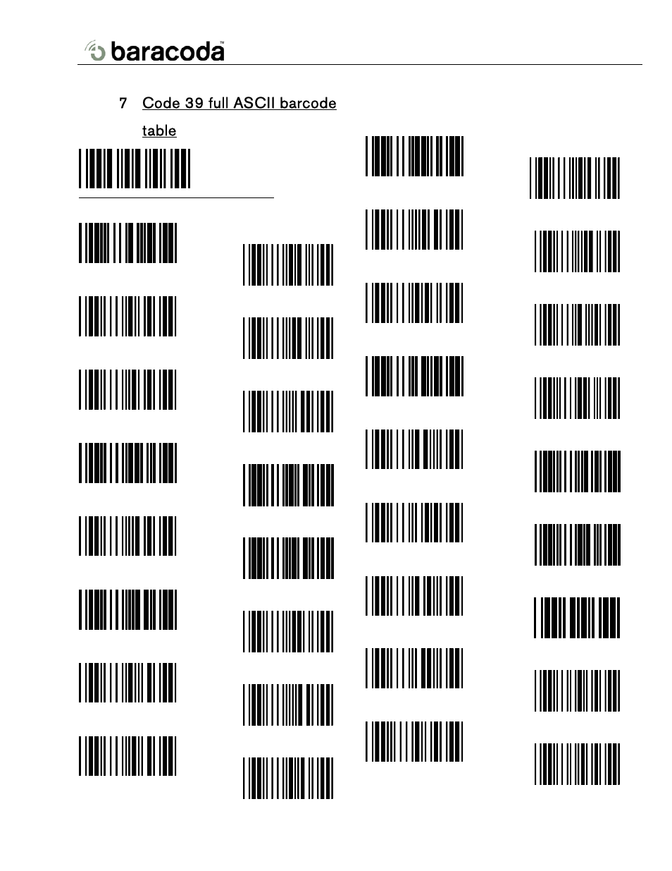 Code 39 full ascii barcode table, 7 code 39 full ascii barcode table | Baracoda BL2604 User Manual | Page 20 / 23