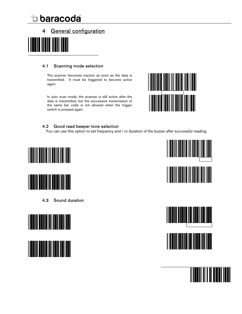 General configuration, Scanning mode selection, Good read beeper tone selection | Sound duration, 4 general configuration, 1 scanning mode selection, 2 good read beeper tone selection, 3 sound duration | Baracoda BL2604 User Manual | Page 7 / 23