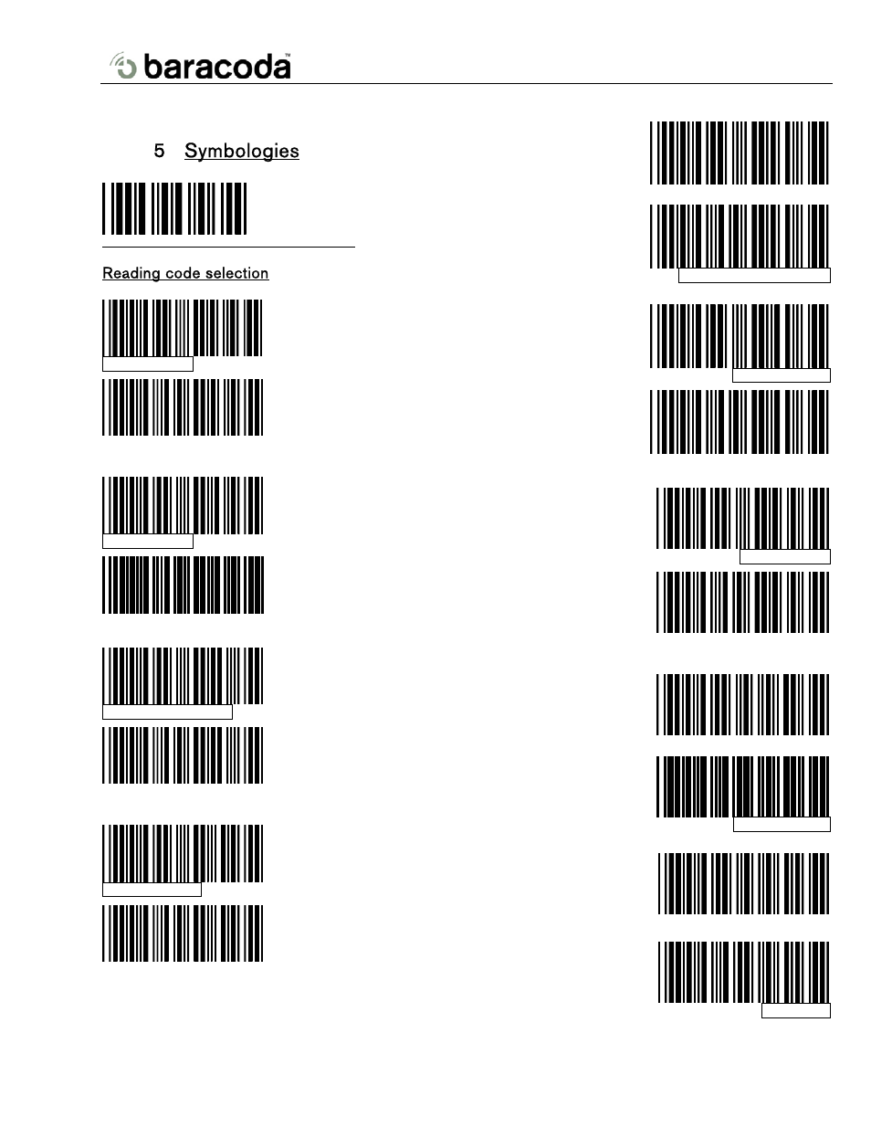 Symbologies, Reading code selection, 5 symbologies | Baracoda BL2604 User Manual | Page 8 / 23