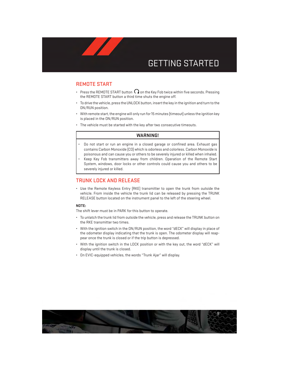 Remote start, Trunk lock and release, Getting started | Dodge 2014 Avenger - User Guide User Manual | Page 11 / 124