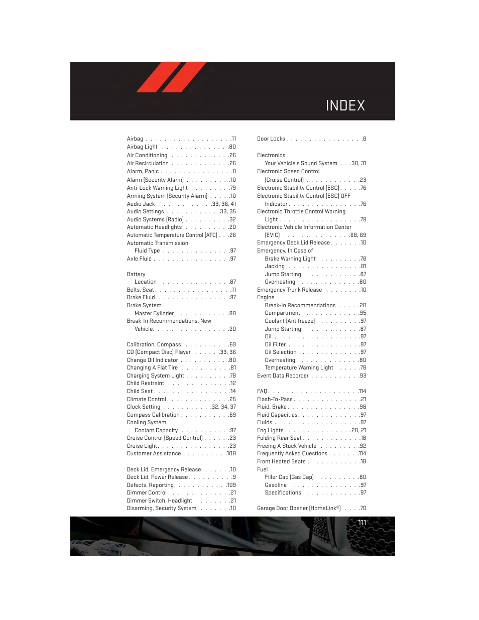 Index | Dodge 2014 Avenger - User Guide User Manual | Page 113 / 124