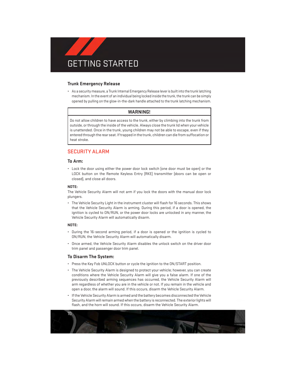 Trunk emergency release, Security alarm, To arm | To disarm the system, Getting started | Dodge 2014 Avenger - User Guide User Manual | Page 12 / 124