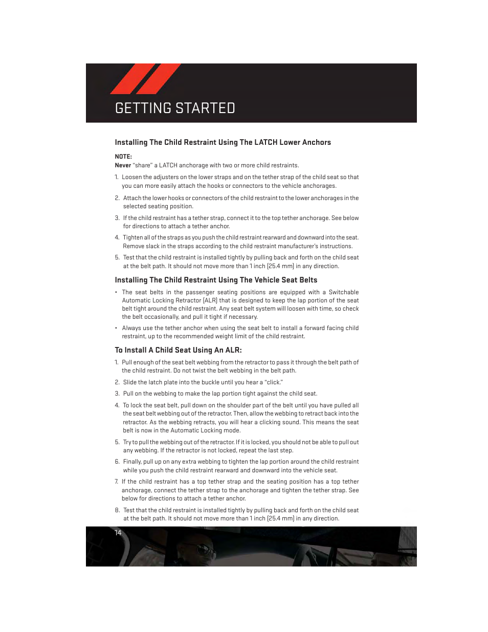 To install a child seat using an alr, Getting started | Dodge 2014 Avenger - User Guide User Manual | Page 16 / 124
