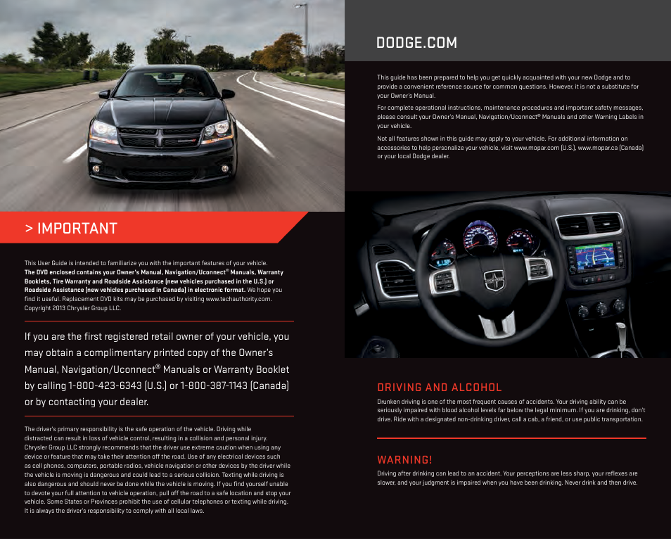 Warning, Driving and alcohol | Dodge 2014 Avenger - User Guide User Manual | Page 2 / 124