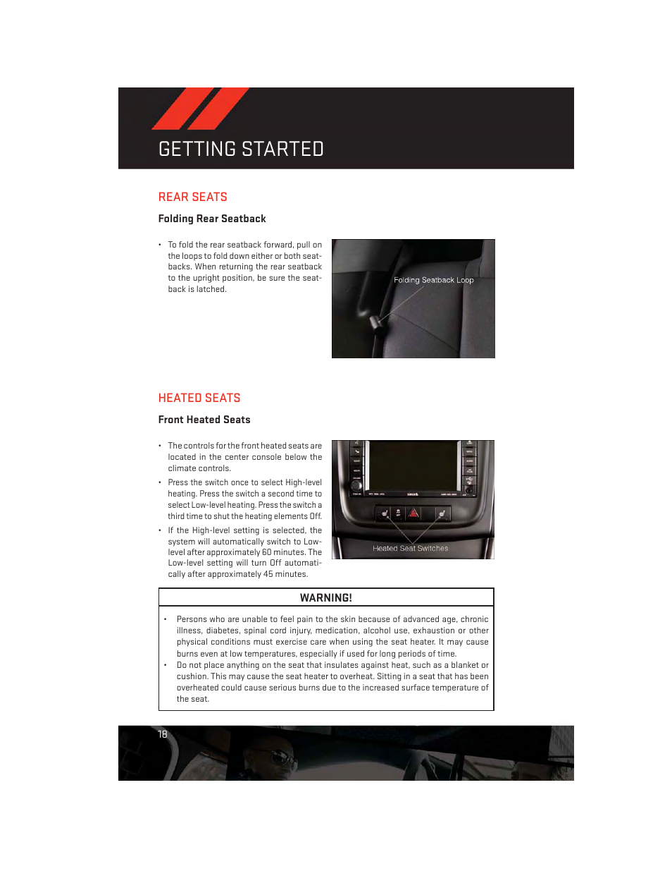 Rear seats, Folding rear seatback, Heated seats | Front heated seats, Getting started | Dodge 2014 Avenger - User Guide User Manual | Page 20 / 124