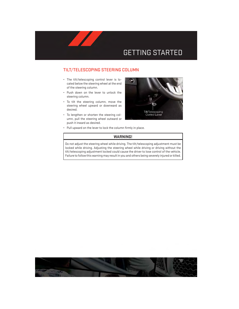 Tilt/telescoping steering column, Getting started | Dodge 2014 Avenger - User Guide User Manual | Page 21 / 124