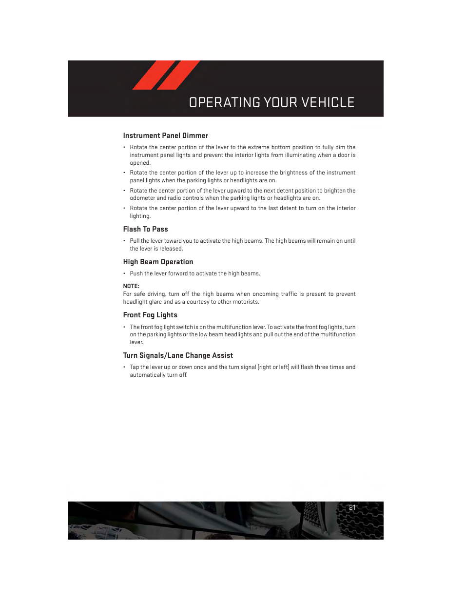 Instrument panel dimmer, Flash to pass, High beam operation | Front fog lights, Turn signals/lane change assist, Operating your vehicle | Dodge 2014 Avenger - User Guide User Manual | Page 23 / 124