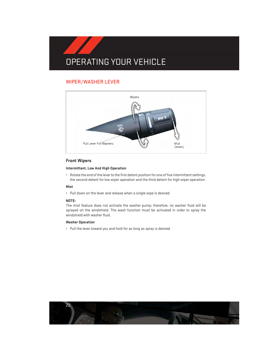 Wiper/washer lever, Front wipers, Operating your vehicle | Dodge 2014 Avenger - User Guide User Manual | Page 24 / 124