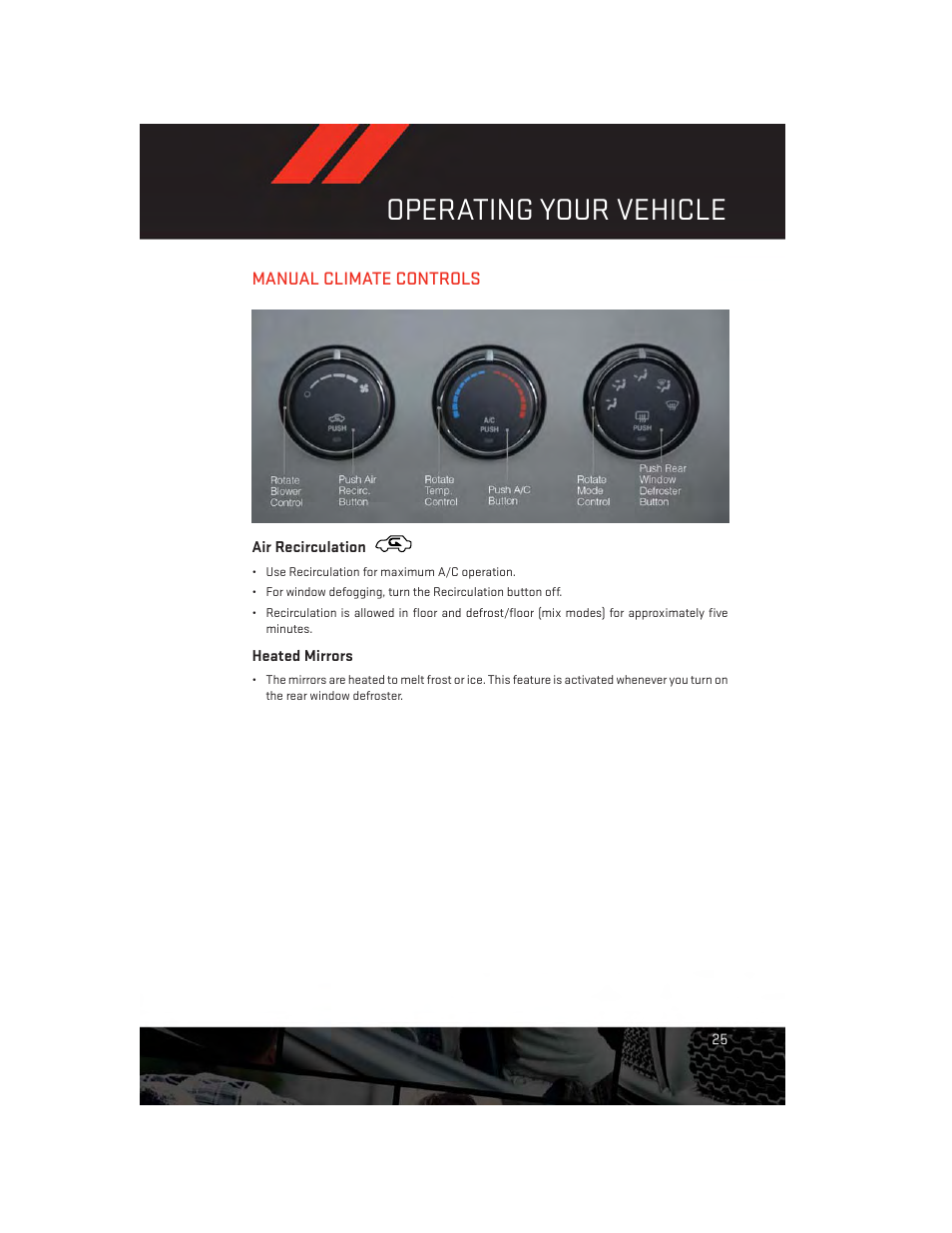 Manual climate controls, Air recirculation, Heated mirrors | Operating your vehicle | Dodge 2014 Avenger - User Guide User Manual | Page 27 / 124