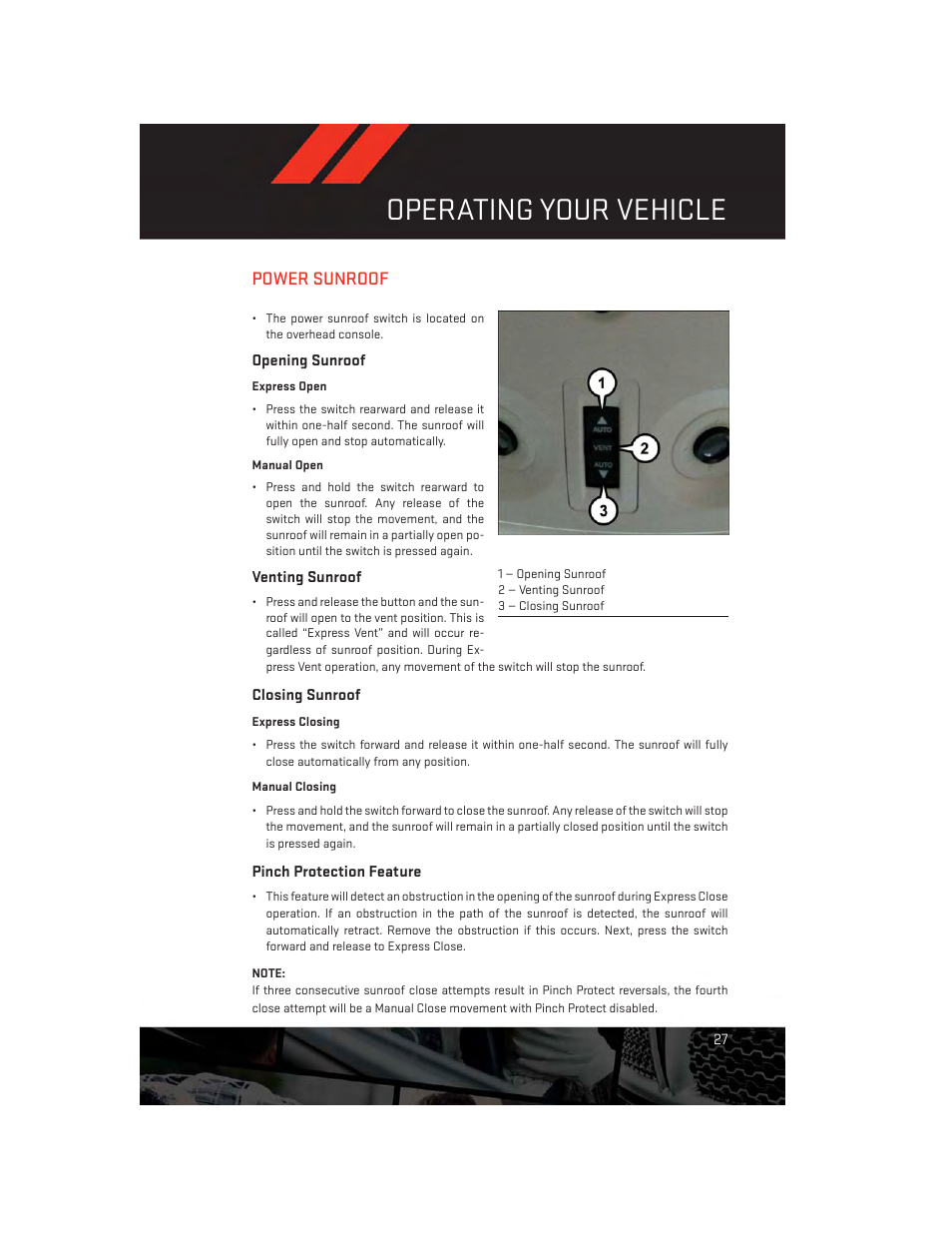 Power sunroof, Opening sunroof, Venting sunroof | Closing sunroof, Pinch protection feature, Operating your vehicle | Dodge 2014 Avenger - User Guide User Manual | Page 29 / 124