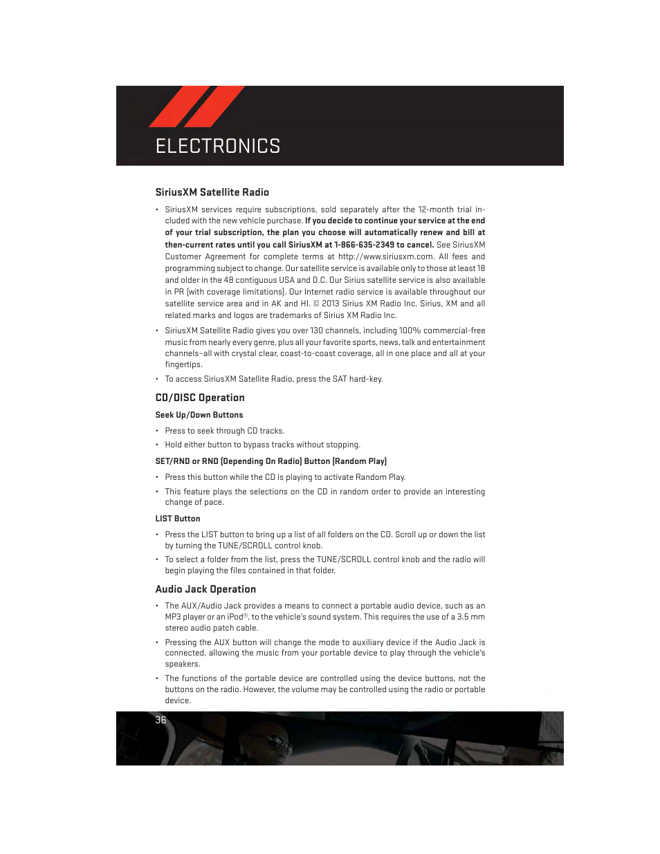 Siriusxm satellite radio, Cd/disc operation, Audio jack operation | Electronics | Dodge 2014 Avenger - User Guide User Manual | Page 38 / 124