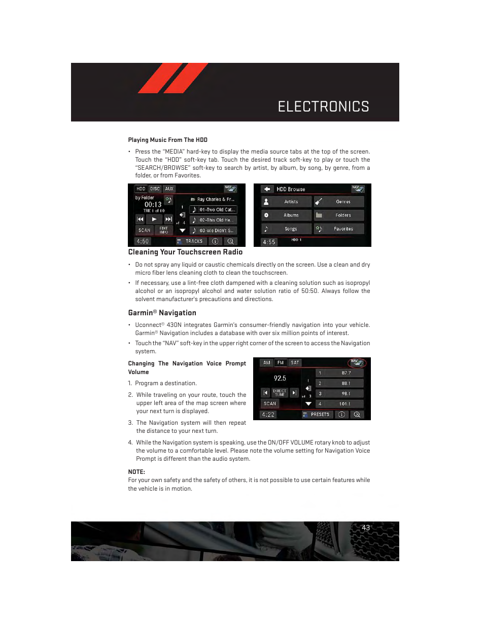 Cleaning your touchscreen radio, Garmin® navigation, Electronics | Dodge 2014 Avenger - User Guide User Manual | Page 45 / 124