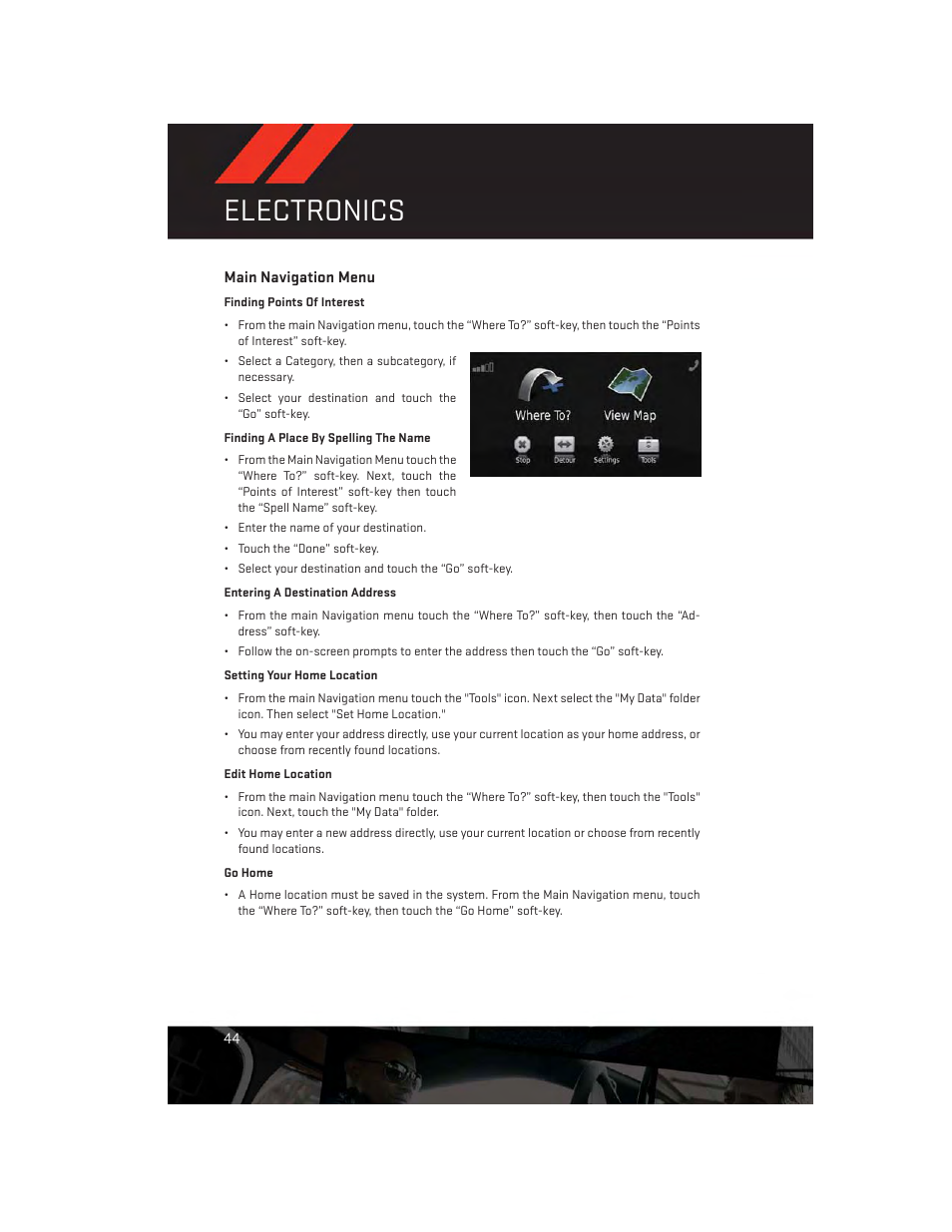 Main navigation menu, Electronics | Dodge 2014 Avenger - User Guide User Manual | Page 46 / 124