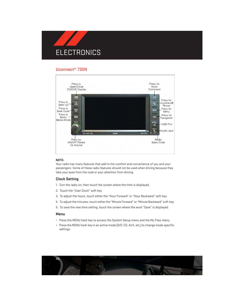 Uconnect® 730n, Clock setting, Menu | Electronics | Dodge 2014 Avenger - User Guide User Manual | Page 48 / 124