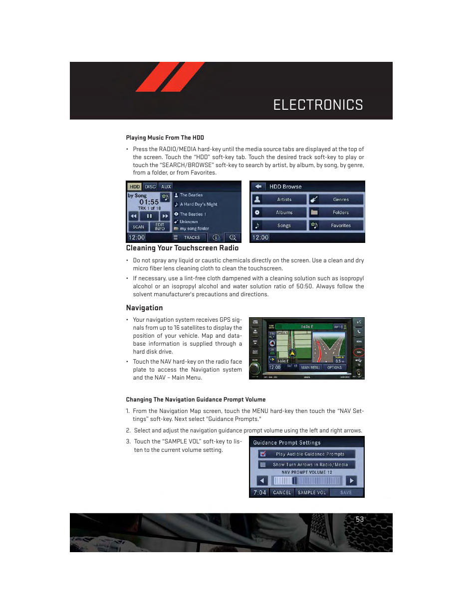 Cleaning your touchscreen radio, Navigation, Electronics | Dodge 2014 Avenger - User Guide User Manual | Page 55 / 124