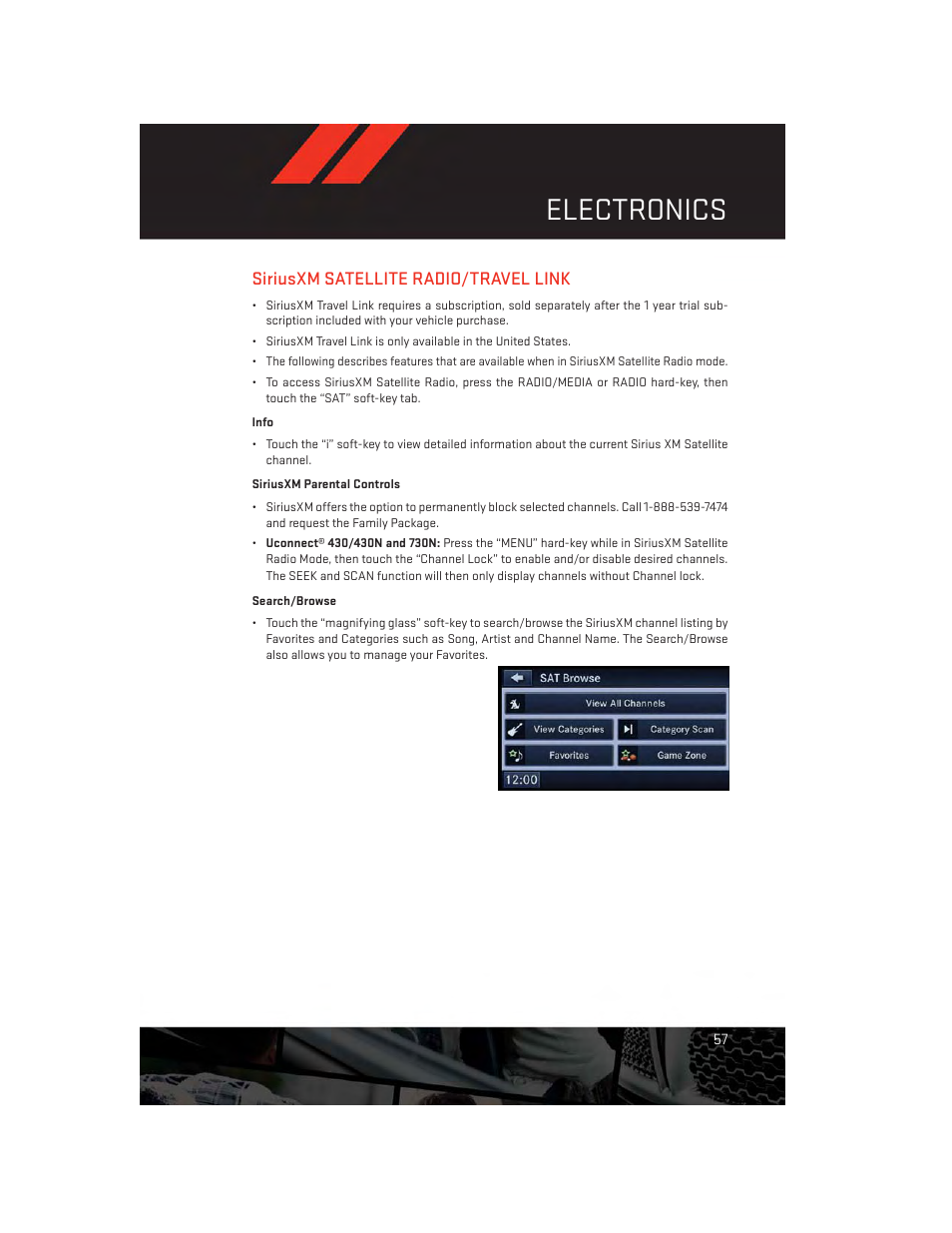 Siriusxm satellite radio/travel link, Electronics | Dodge 2014 Avenger - User Guide User Manual | Page 59 / 124