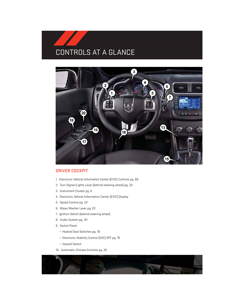 Controls at a glance, Driver cockpit | Dodge 2014 Avenger - User Guide User Manual | Page 6 / 124