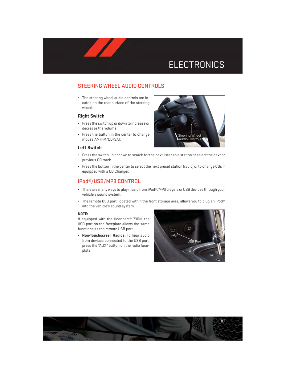 Steering wheel audio controls, Right switch, Left switch | Ipod®/usb/mp3 control, Electronics | Dodge 2014 Avenger - User Guide User Manual | Page 63 / 124