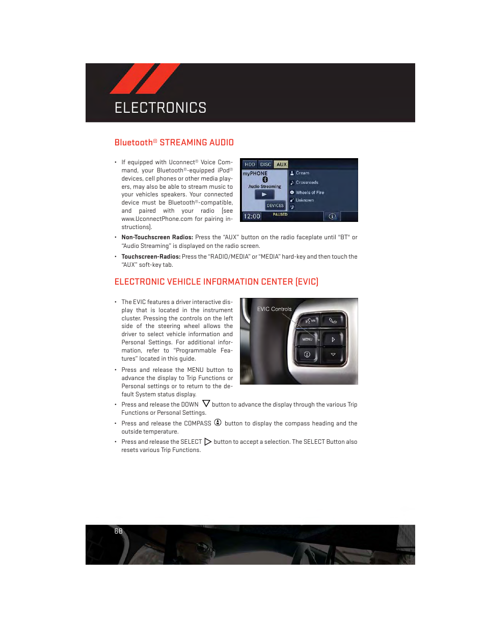 Bluetooth® streaming audio, Electronic vehicle information center (evic), Electronics | Dodge 2014 Avenger - User Guide User Manual | Page 70 / 124