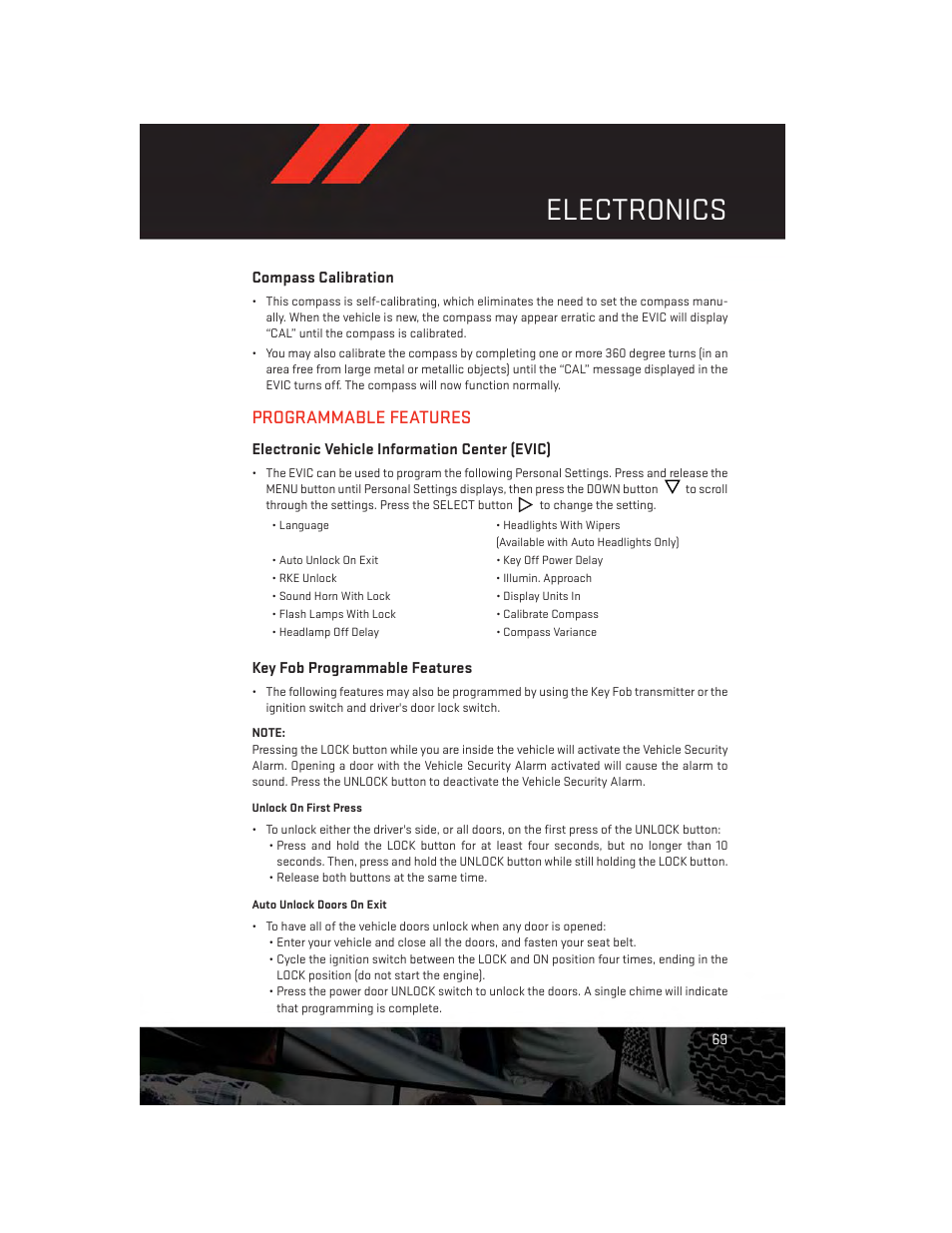 Compass calibration, Programmable features, Electronic vehicle information center (evic) | Key fob programmable features, Electronics | Dodge 2014 Avenger - User Guide User Manual | Page 71 / 124