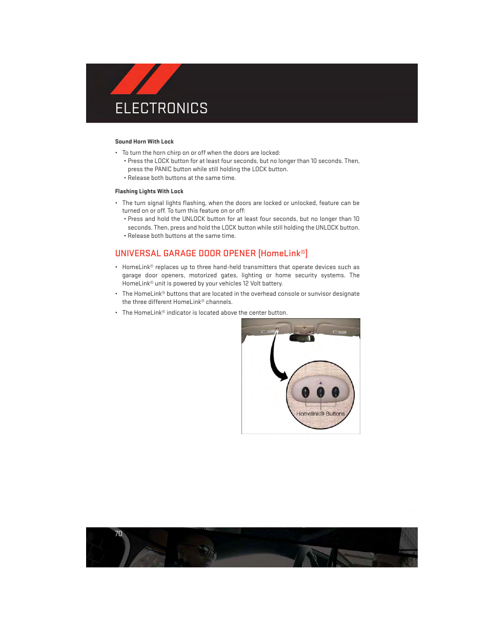 Universal garage door opener (homelink®), Electronics | Dodge 2014 Avenger - User Guide User Manual | Page 72 / 124