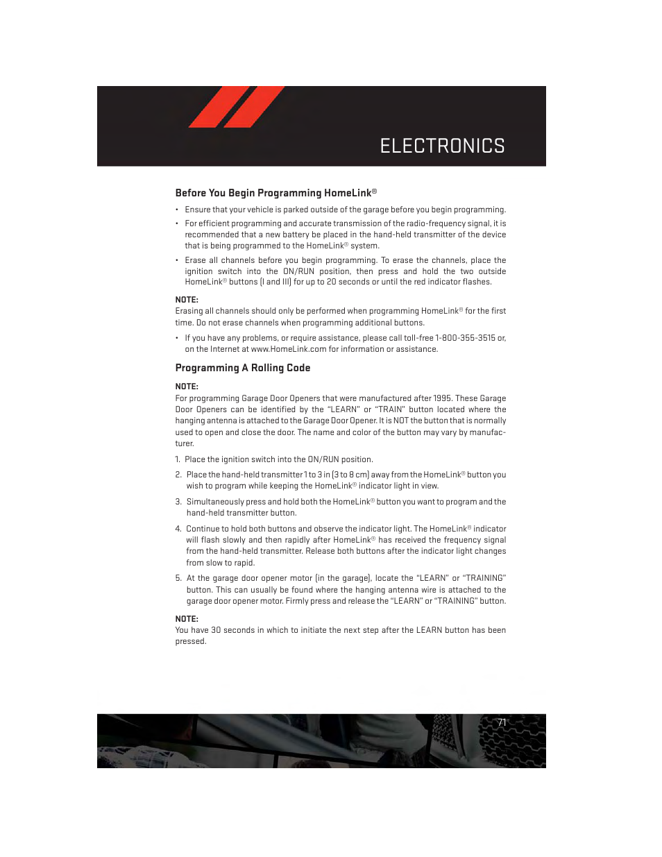 Before you begin programming homelink, Programming a rolling code, Electronics | Dodge 2014 Avenger - User Guide User Manual | Page 73 / 124