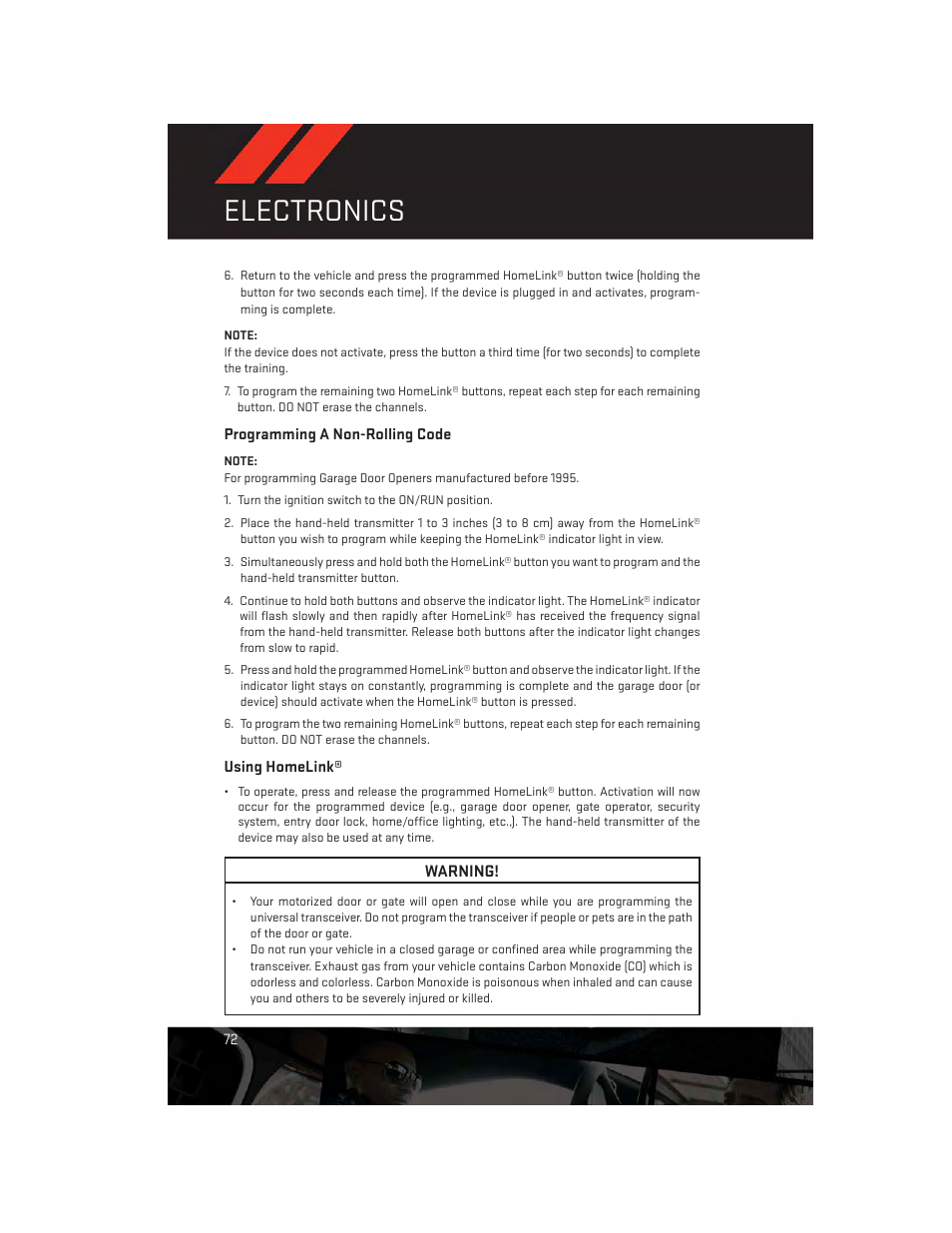 Programming a non-rolling code, Using homelink, Electronics | Dodge 2014 Avenger - User Guide User Manual | Page 74 / 124