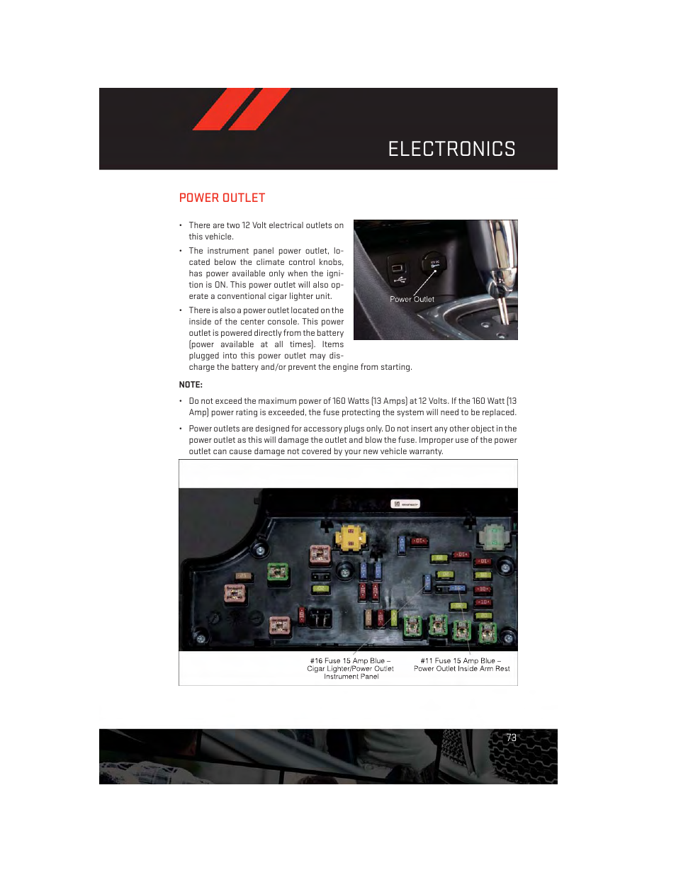 Power outlet, Electronics | Dodge 2014 Avenger - User Guide User Manual | Page 75 / 124