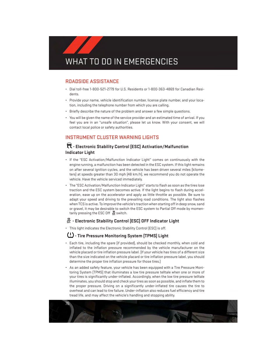 What to do in emergencies, Roadside assistance, Instrument cluster warning lights | Tire pressure monitoring system (tpms) light | Dodge 2014 Avenger - User Guide User Manual | Page 78 / 124