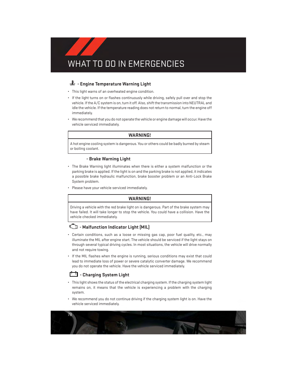 Engine temperature warning light, Brake warning light, Malfunction indicator light (mil) | Charging system light, What to do in emergencies | Dodge 2014 Avenger - User Guide User Manual | Page 80 / 124