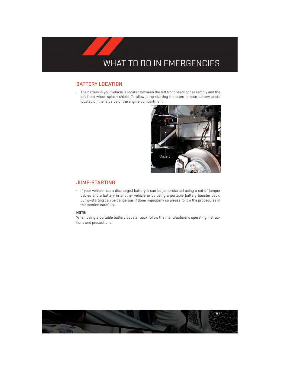 Battery location, Jump-starting, Battery location jump-starting | What to do in emergencies | Dodge 2014 Avenger - User Guide User Manual | Page 89 / 124