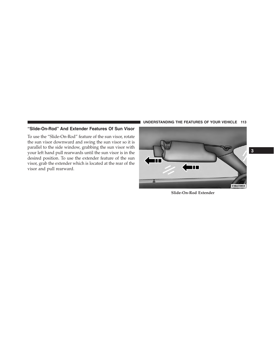 Slide-on-rod” and extender features of sun visor | Dodge 2014 Challenger - Owner Manual User Manual | Page 115 / 541