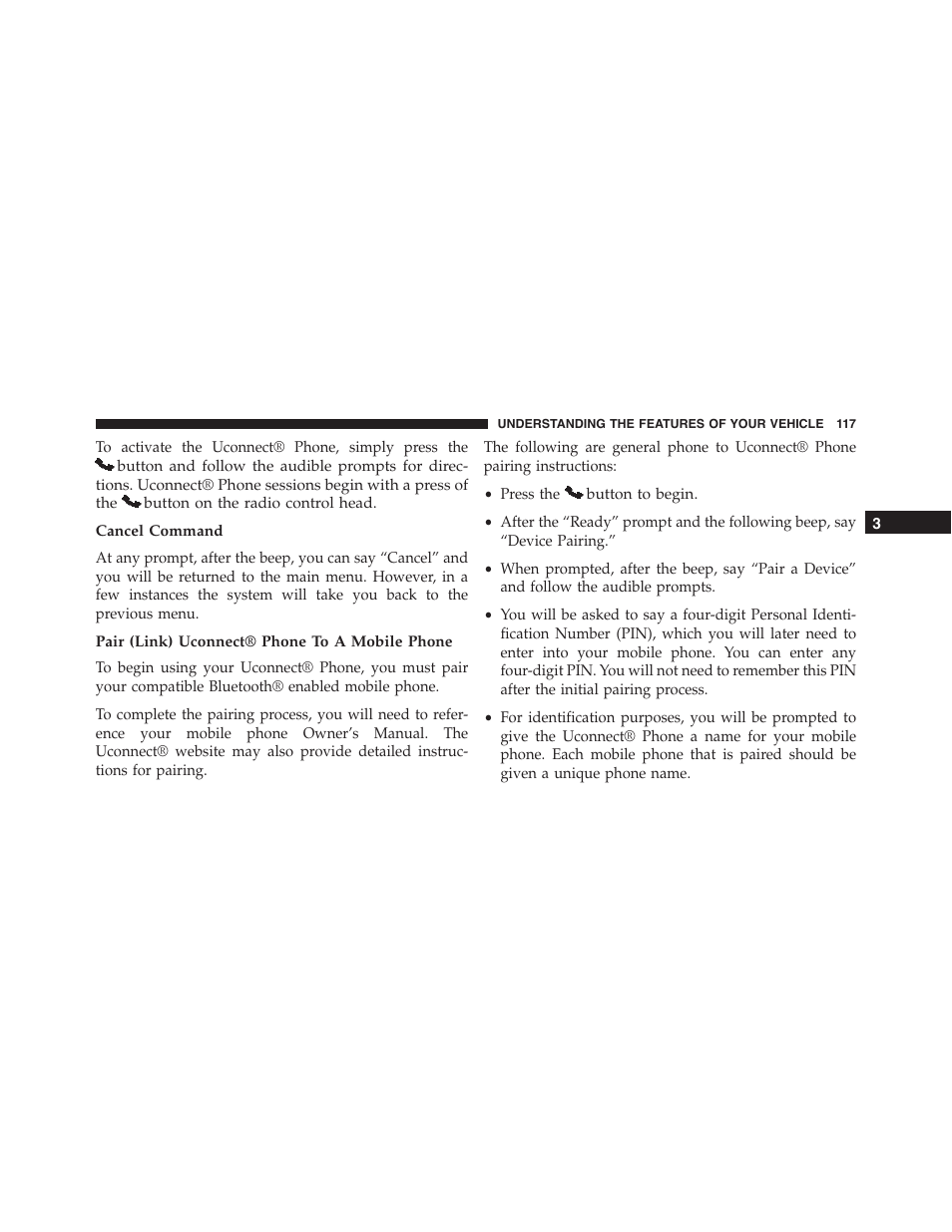 Cancel command, Pair (link) uconnect® phone to a mobile phone | Dodge 2014 Challenger - Owner Manual User Manual | Page 119 / 541