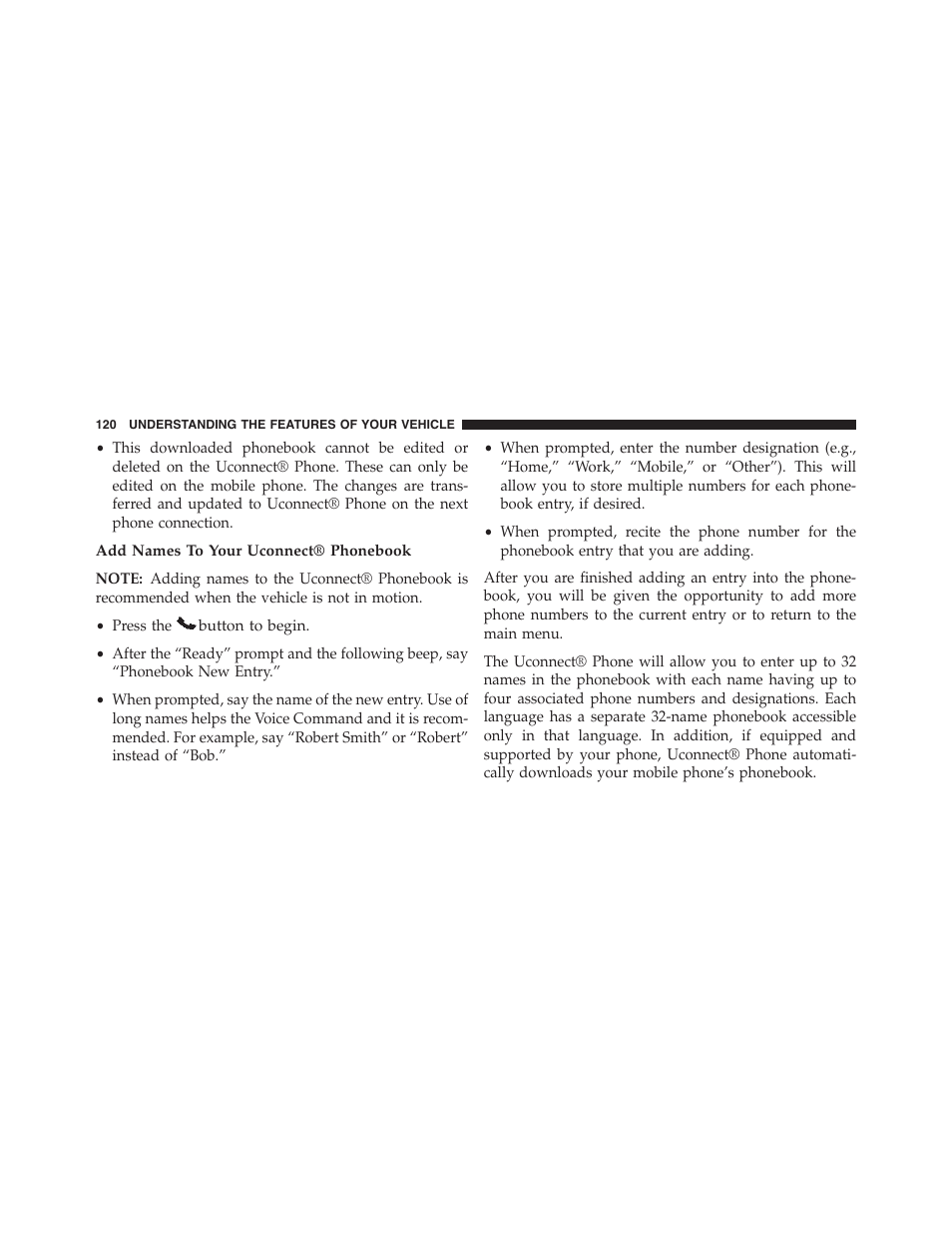 Add names to your uconnect® phonebook | Dodge 2014 Challenger - Owner Manual User Manual | Page 122 / 541