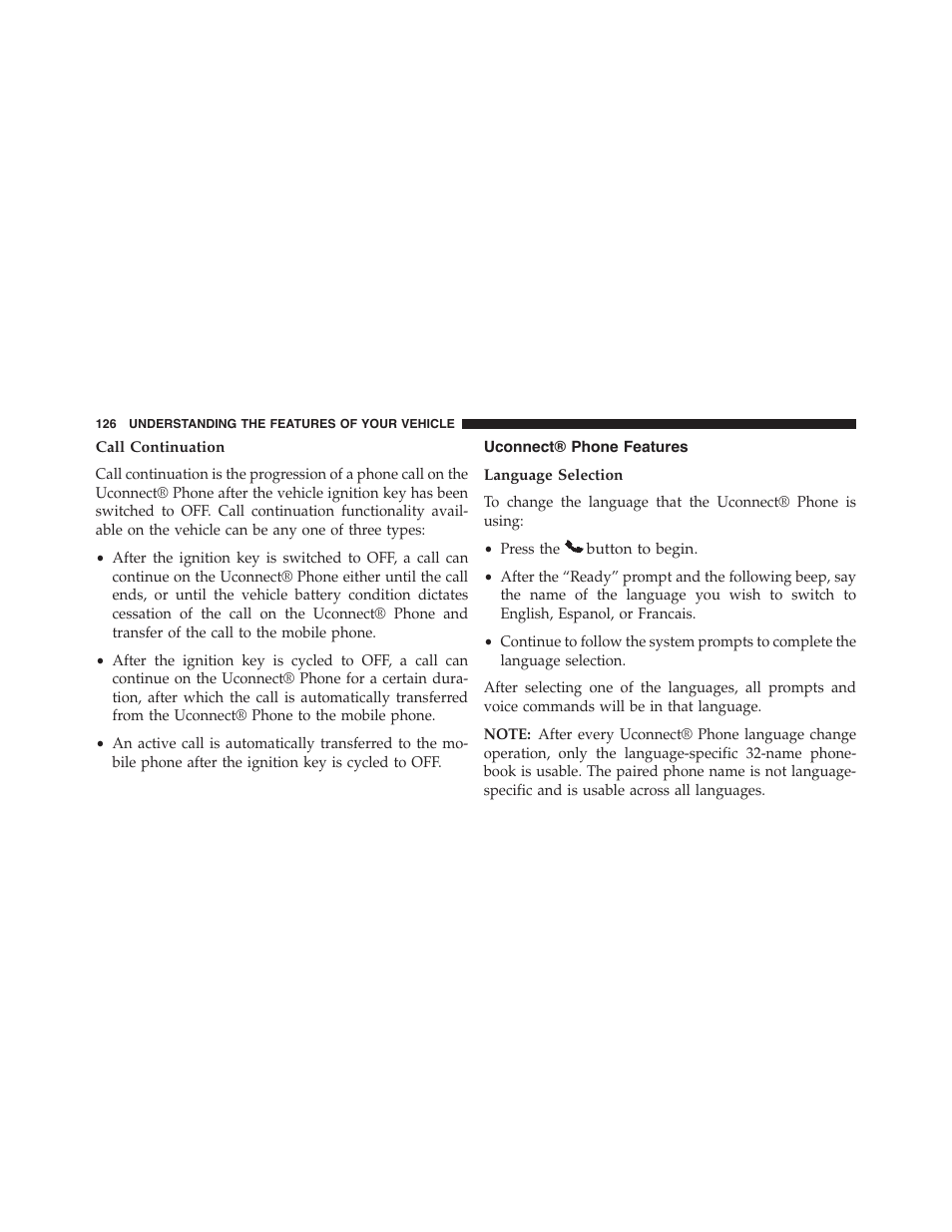 Call continuation, Uconnect® phone features, Language selection | Dodge 2014 Challenger - Owner Manual User Manual | Page 128 / 541