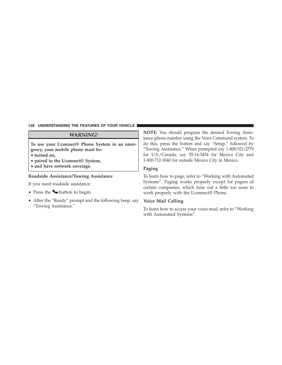 Roadside assistance/towing assistance, Paging, Voice mail calling | Dodge 2014 Challenger - Owner Manual User Manual | Page 130 / 541