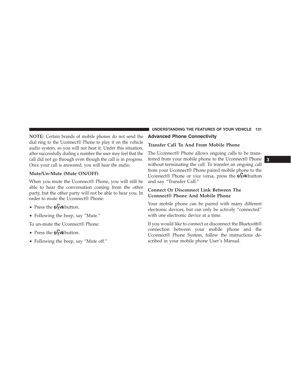 Mute/un-mute (mute on/off), Advanced phone connectivity, Transfer call to and from mobile phone | Dodge 2014 Challenger - Owner Manual User Manual | Page 133 / 541