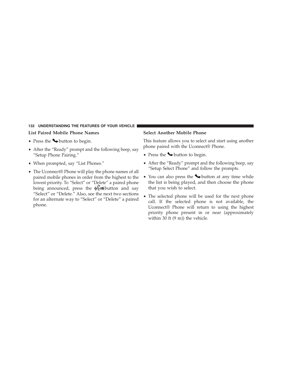 List paired mobile phone names, Select another mobile phone | Dodge 2014 Challenger - Owner Manual User Manual | Page 134 / 541