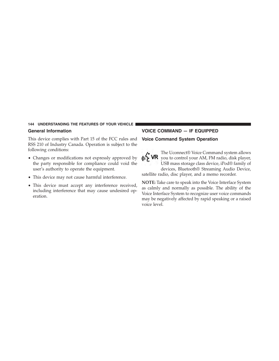 General information, Voice command — if equipped, Voice command system operation | Dodge 2014 Challenger - Owner Manual User Manual | Page 146 / 541