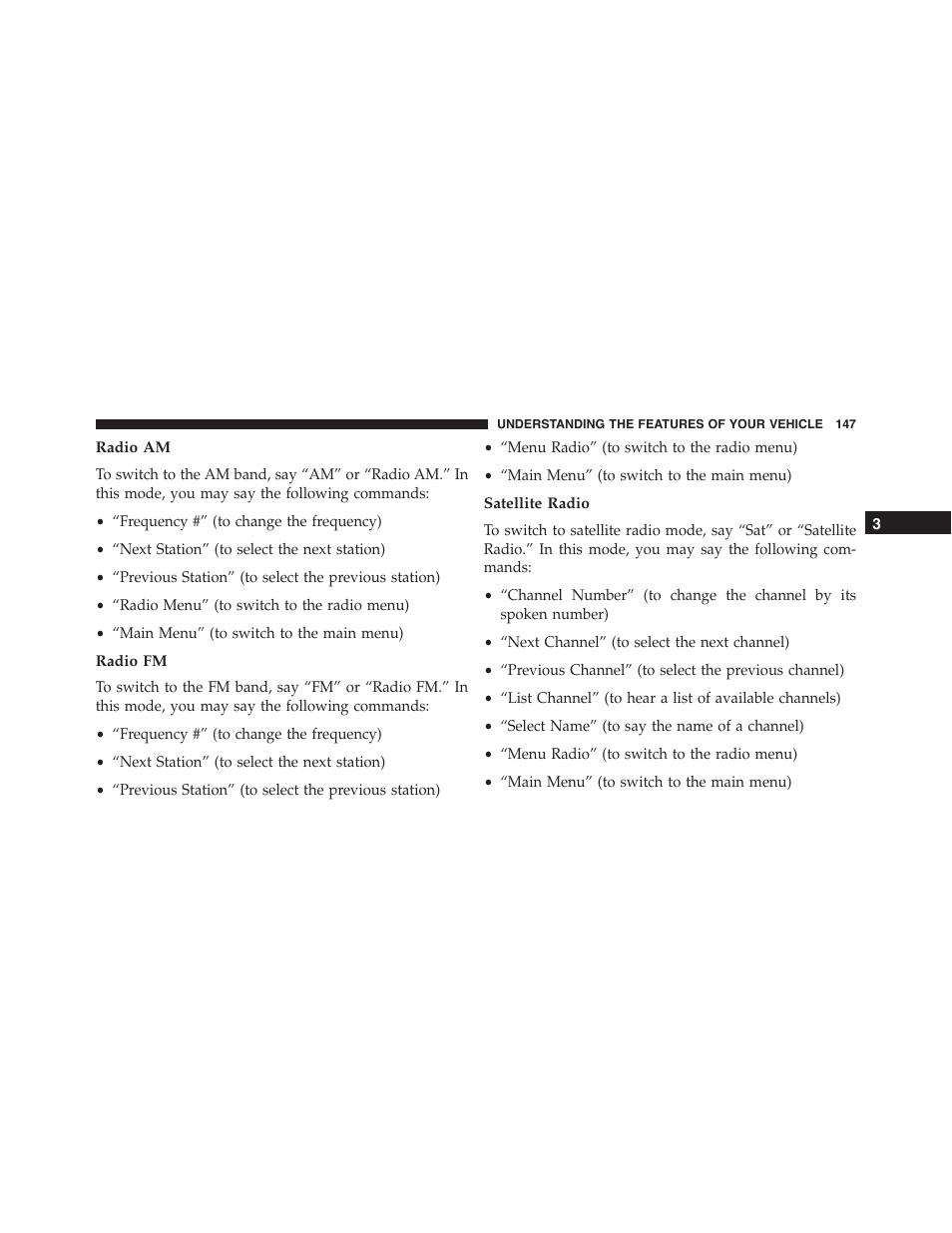 Radio am, Radio fm, Satellite radio | Dodge 2014 Challenger - Owner Manual User Manual | Page 149 / 541